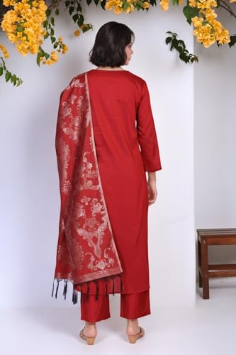 W for Woman Deep Floral Printed Metallic Embroidered Flared Woven Kurta with Straight Pant and Jacquard Dupatta Set - Red (WS13301-224416-3XL)