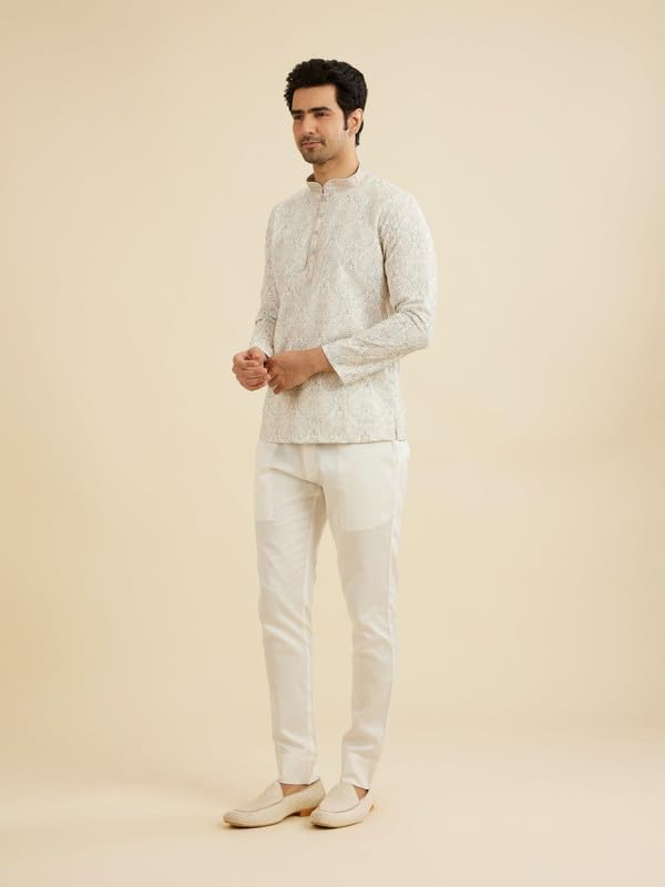 Manyavar Men's Cotton Blend Paisley Embroidery Short Kurta (Pista Green,M)