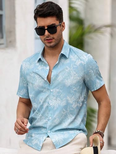 VastraVibes Men’s Tropical Printed Casual Shirt | Slim Fit Short Sleeve Summer Shirt | Lightweight Breathable Fabric | Beach & Vacation Wear (in, Alpha, L, Regular, Sky Blue)