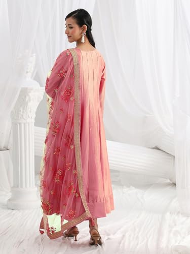 Libas Embroidered Silk Blend A Line Ethnic Dress with Dupatta | Occasion Gown Pink
