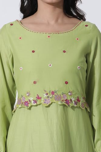 W for Woman Green Embroidered A-line Cotton Kurta and Tights Set_23FEWS18441-218446_2XL