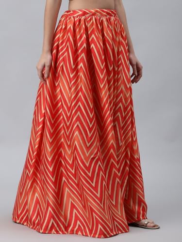 studio rasa Satin Chevron Print Bias Skirt for Wedding Festive Party (SKTC421RC19M_Red_Medium)