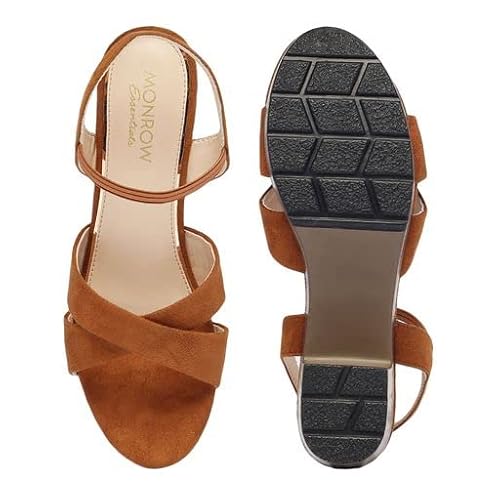 MONROW Maria Suede Leather Block Heels for Women, Brown, UK-6 | Fancy & Stylish Heel sandals, Casual, Comfortable Fashion Heel Sandal