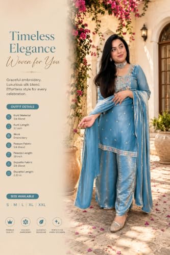 Women's Blue Silk Blend Straight Kurta Set With Dupatta And Palazzo