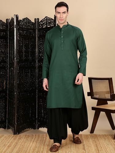 Sanwara Handcrafted Deep Green Cotton Kurta Set Men’s Choice for Navratri Diwali Festivals
