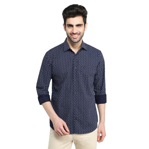 Park Avenue Men Slim Fit Print Pattern Pure Cotton Semicutaway Collar Full Sleeve Casual Shirt Blue