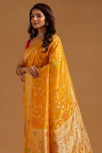Soch Womens Yellow Crepe Botanical Zari Woven Saree