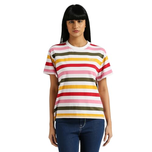 Pepe Jeans Women's Striped Relaxed Fit T-Shirt (PL505908_RED_Multi