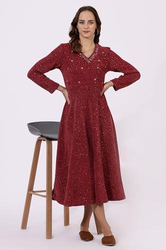 W for Women Maroon Solid Sequins Flared Dress for Women (Size: XL)-24NOW11846-314003A