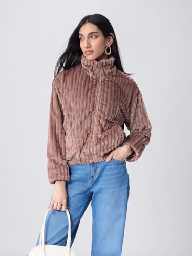 The Souled Store Textured Jacket: Dusky Rose Women and Girls Full Sleeves High Collar Dusky Rose Textured Polyester Regular Fit Lightweight Summer Jacket