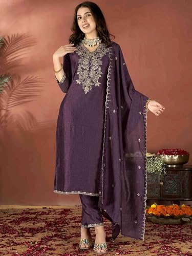 VARNI FABRICS: A lady's First Love Women's Wine Vichitra Embroidered Kurta With Pants And Embroidered Dupatta, Ethnic Salwar Suit Set (IN, Alpha, M, Regular)