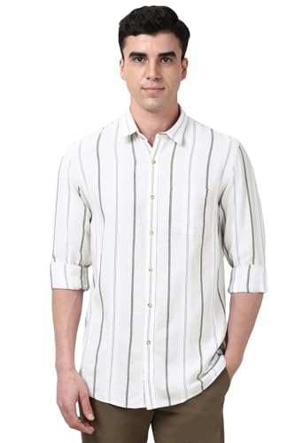 Peter England Cotton Linen Blend Shirt for Men – Full Sleeves, Subtle Stripes Beige