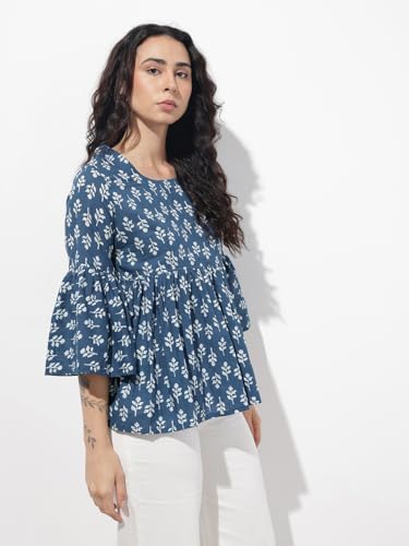 Divena Blue Floral Round Neck Peplum Top