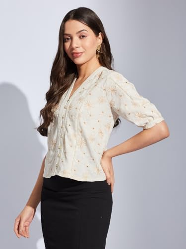 Latin Quarters Women Beige V-Neck Half Sleeves Printed Shirt Blouse for Casual Wear_XL
