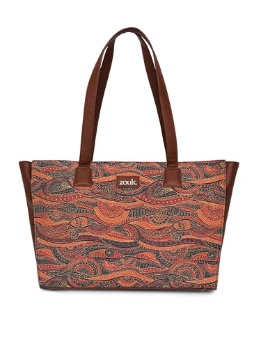 ZOUK Pithora Artistry Abstract Printed Women Jute Vegan Leather Space Blue Office Tote Bag for Ladies With Laptop Compartment