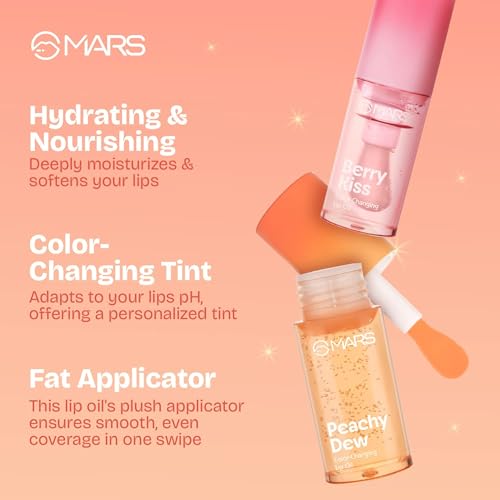 MARS Color Changing Lip Oil (4.5 ml) (04-PEACHY DEW) With Fat Applicator | Skin Nourishing Ingredients - Olive Fruit Oil, Jojoba Oil | Hydrating & Moisturising