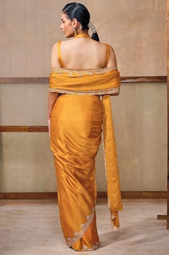Soch Womens Mustard Fendy Georgette Woven Design Saree With Stone Work