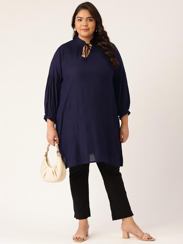theRebelinme Plus Size Women's Navy Blue Solid Color Tie-Up Neck Tunic