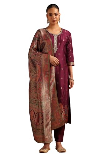 Soch Womens Wine Russian Silk Zari Woven Salwar Suit With Zardosi