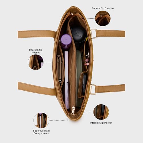 Caprese Siji Tresna Horizontal Medium Tote Bag for Women with Multiple Pockets | Kashida Embroidery Shoulder Bag | Fits Up to 15.6 Inch Laptop | Ideal for Work, Everyday Outings and Travel (Brown)