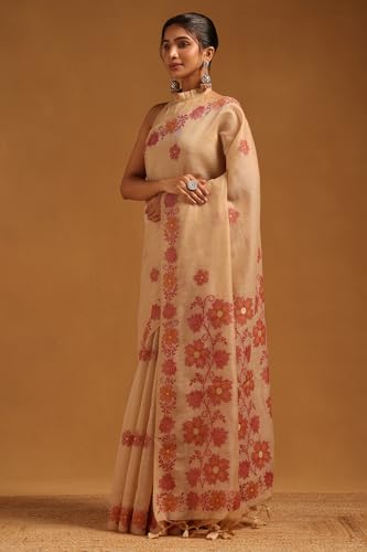 Soch Womens Beige Chanderi Floral Woven Design Saree