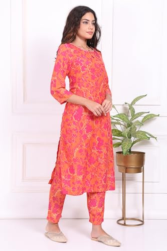W for Woman Orange Floral Printed Sequined Straight Modal Kurta and Straight Pant Set - (WS13690B-126963-XS)