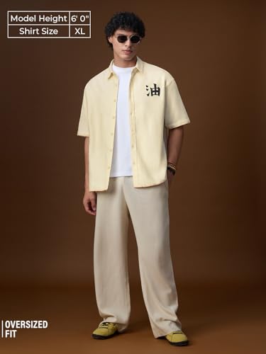 The Souled Store Naruto Shippuden: Gamakage Jiraiya Men and Boys Short Sleeves Collared Neck Button Front Off White Graphic Printed Cotton Lightweight Oversized Shirts