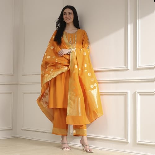 Biba Women Orange Blended Straight Solid Kurta Set_36