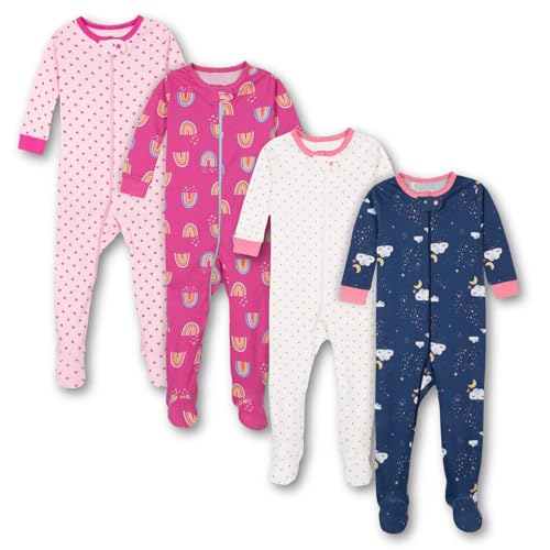 TuddyBuddy 100% Cotton Relaxed-Fit Multi Color Sleepsuit/Onesie/Romper with Zipper Closure (Baby Girl - Pack of 4 - Assorted, 0 Months-3 Months)