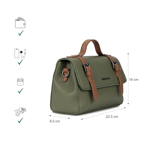 Fastrack Monochrome Muse Satchel | Faux-Leather Satchel for Women in Olive with Tan Accents | Buckle-Flap Closure, Dual Carry Options, Centre Zip Divider & Quick-Access Pockets