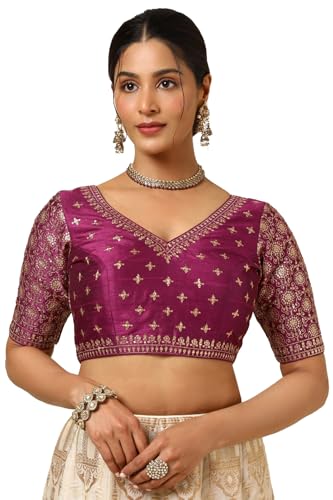 Soch Womens Magenta Tussar Embroidered Padded Blouse with Sequins