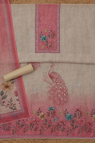 Soch Womens Beige Linen Shimmer Botanical Kantha Embroidered Dress Material With Beads