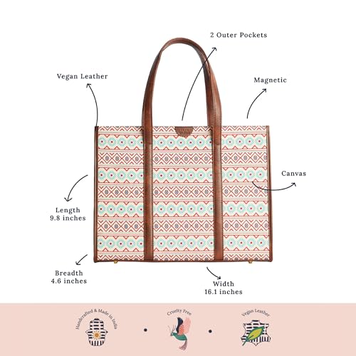 TEAL BY CHUMBAK Women's Office Tote Bag, Printed Canvas Shoulder Bag for College, Work and Travel, Stylish and Durable with Laptop Compartment
