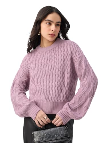 The Souled Store Cable-Knit Sweater: Dusky Rose Women and Girls Full Sleeves Round Neck Knitted Acrylic Lightweight Casual Oversized Sweater