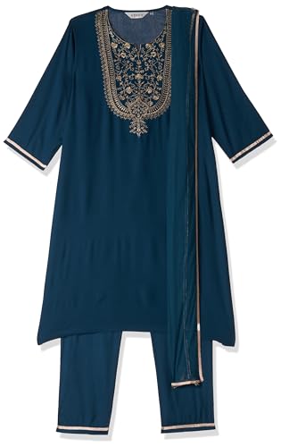 BIBA WOMEN SOLID NARROW SALWAR KURTA DUPATTA(SKDASSORTED8801E_TEAL_34)