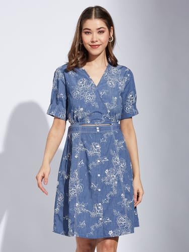 Latin Quarters Women Blue V-Neck Half Sleeve Printed A-Line Dress_L
