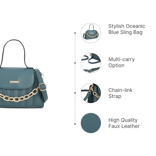 Fastrack Oceanic Blue Sling Bag | Women’s Quilted Handbag with Chain Accent | Dual Compartments & Multi-Style Carry