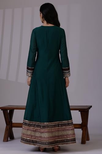 W for Woman Green Flared Chanderi Long Ethnic Dress with Thread Embroidery_24AUW11510-222093_3XL