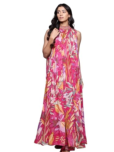 Ritu Kumar Band Collar Sleeveless Long Dress Fushcia