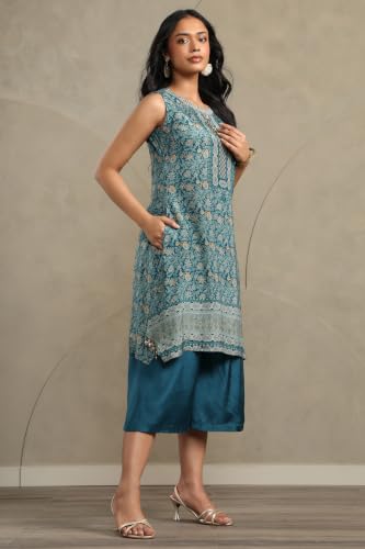 Soch Womens Teal Muslin Botanical Printed Kurta Set