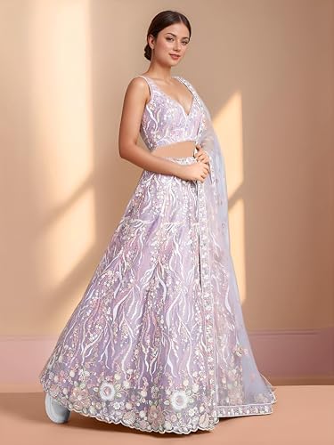 Zeel Clothing Women's Sequins Embroidered Work Soft Net Designer Lehenga Choli With Dupatta (6033-Lavender-Wedding-Lehenga-Choli; Free Size)