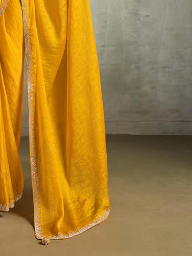 AKHILAM Women's Yellow Chiffon Embellished Saree With Unstitched Blouse Piece (AMELIA13003_SUM)