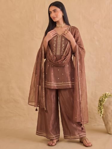 Varanga embroidered brown kurta set with palazzo and dupatta.