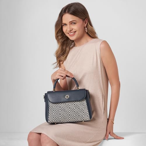 Caprese Wind Medium Satchel Bag for Women | Woven Texture Faux Leather Shoulder Bag with Adjustable & Detachable Strap | Dual Zipper & Magnetic Button Closure for Office & Casual Use (Midnight Blue)