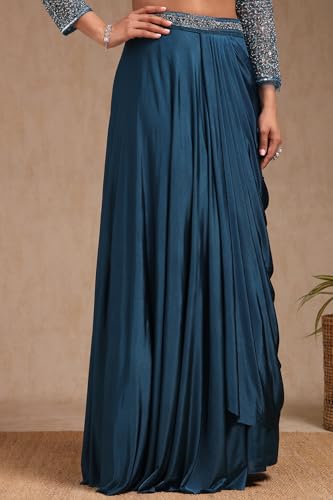 Soch Womens Teal Nylon Blend Solid Ready To Wear Saree With Cutdana