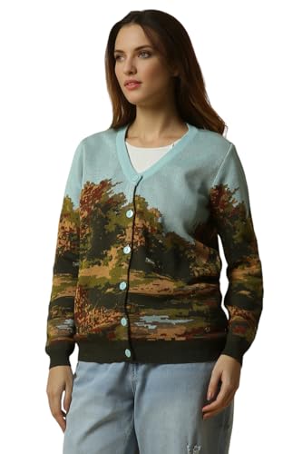 Allen Solly Women Blue Graphic Print V Neck Casual Sweater