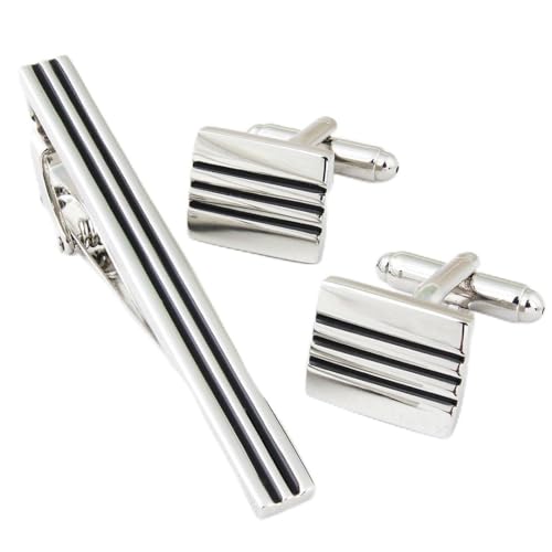 Peluche Mr. Deeper Enamel Sleek Look 2 Silver Cufflink and TiePin Set for Men (Black and Silver)