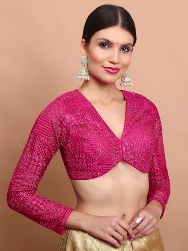 S SALWAR STUDIO Pink Georgette Embroidered V Neck Readymade Blouse