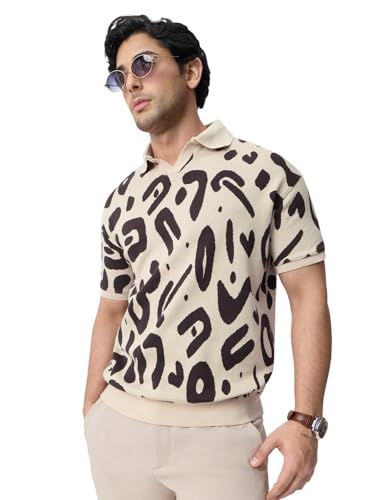 The Souled Store Soul Beat Men and Boys Short Sleeve Spread Collar Beige Abstract Jacquard Print Cotton Blend Regular Fit Lightweight Everyday Office Wear Easy to Style Trendy Polos