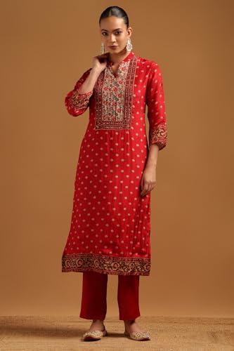 Soch Womens Red Muslin Floral Salwar Suit With Sequins